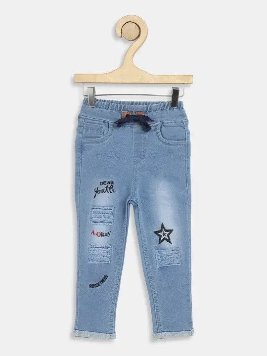 Blue Embroidered Slim-Fit Boys Jeans