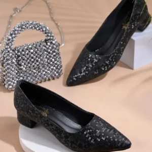 Black Textured Block-Heel Heels