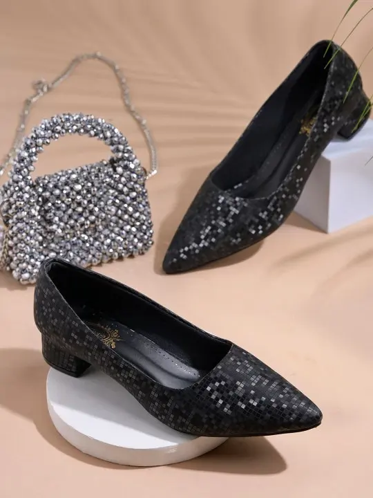 Black Textured Block-Heel Heels