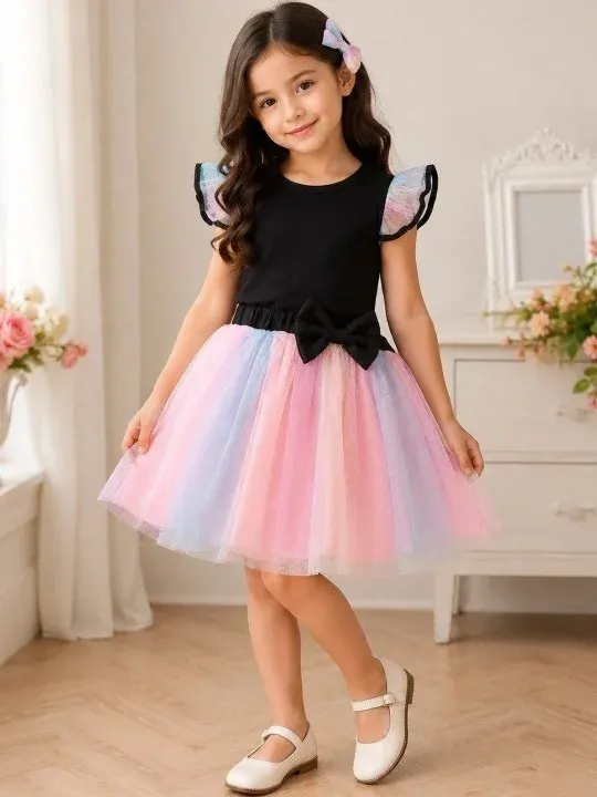 Colourblock Ruffle Girls Dresses