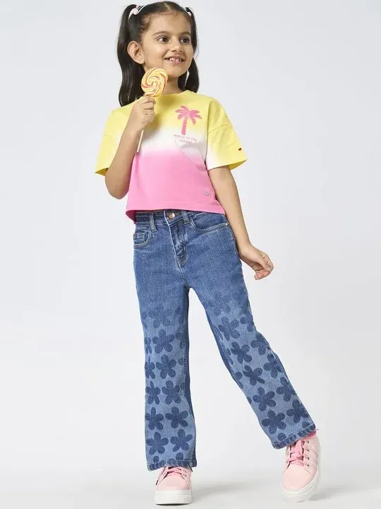 Blue Printed Girls Jeans