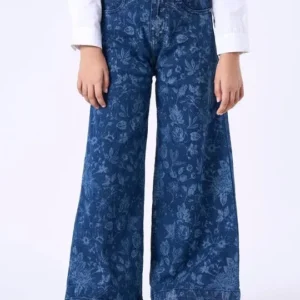 Blue Printed Wide-Leg Girls Jeans