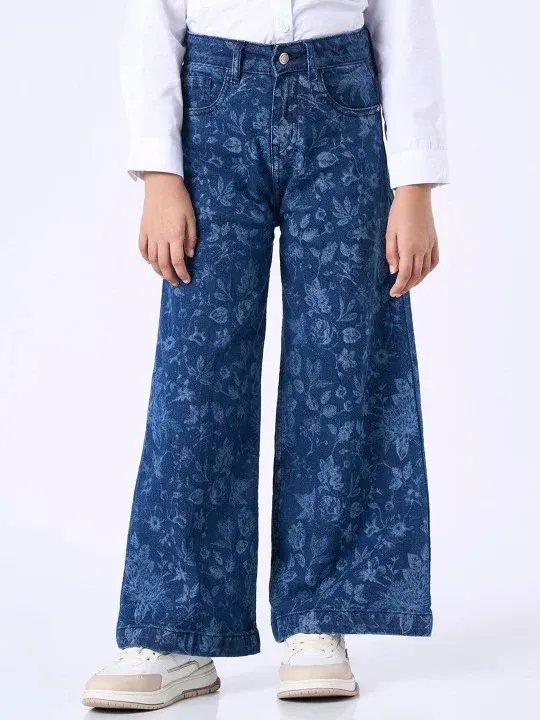 Blue Printed Wide-Leg Girls Jeans