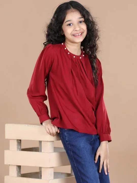Maroon Embellished Girls Tops
