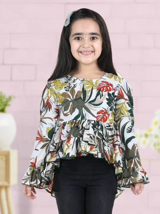 White Floral Girls Tops