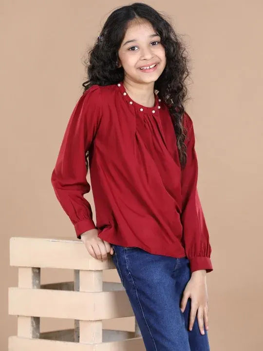 Maroon Embellished Girls Tops