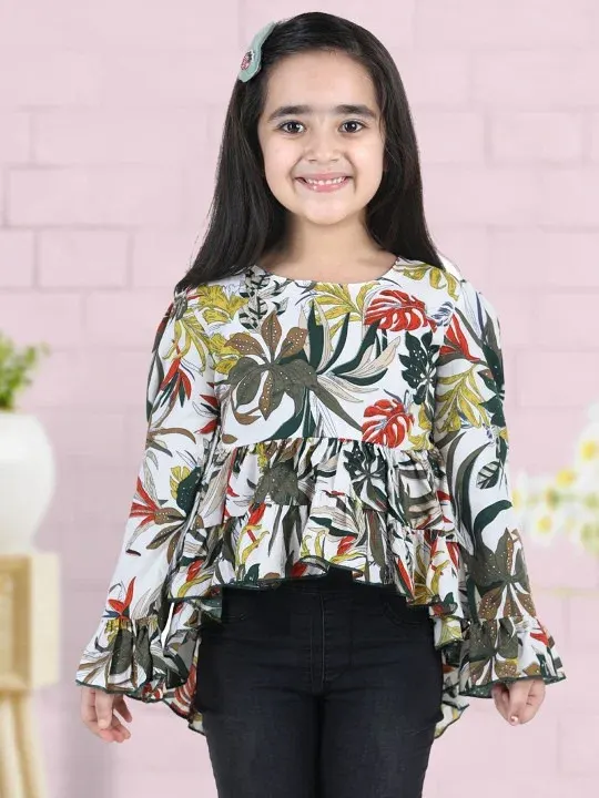 White Floral Girls Tops