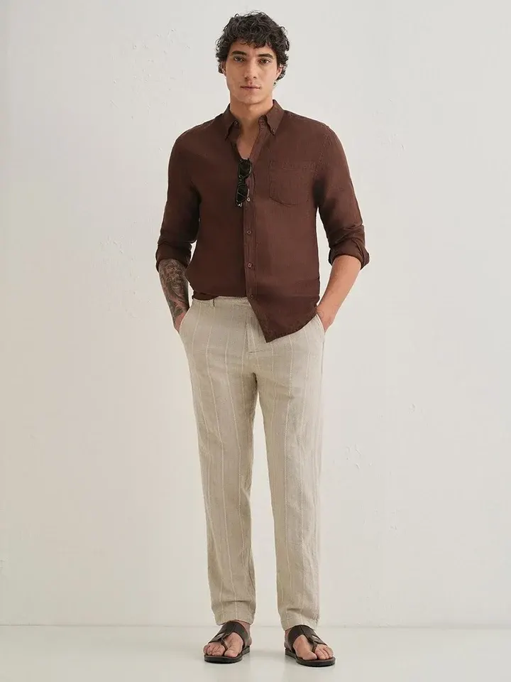 Beige Relaxed-Fit Casual Trousers