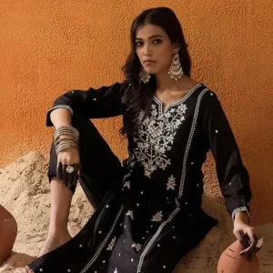 Black Embroidered Floral Kurtas & Suits
