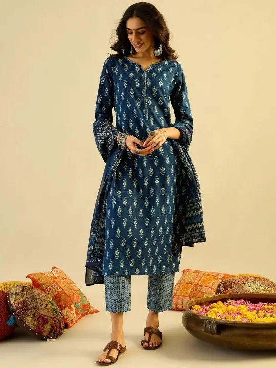 Blue Printed Kurtas & Suits