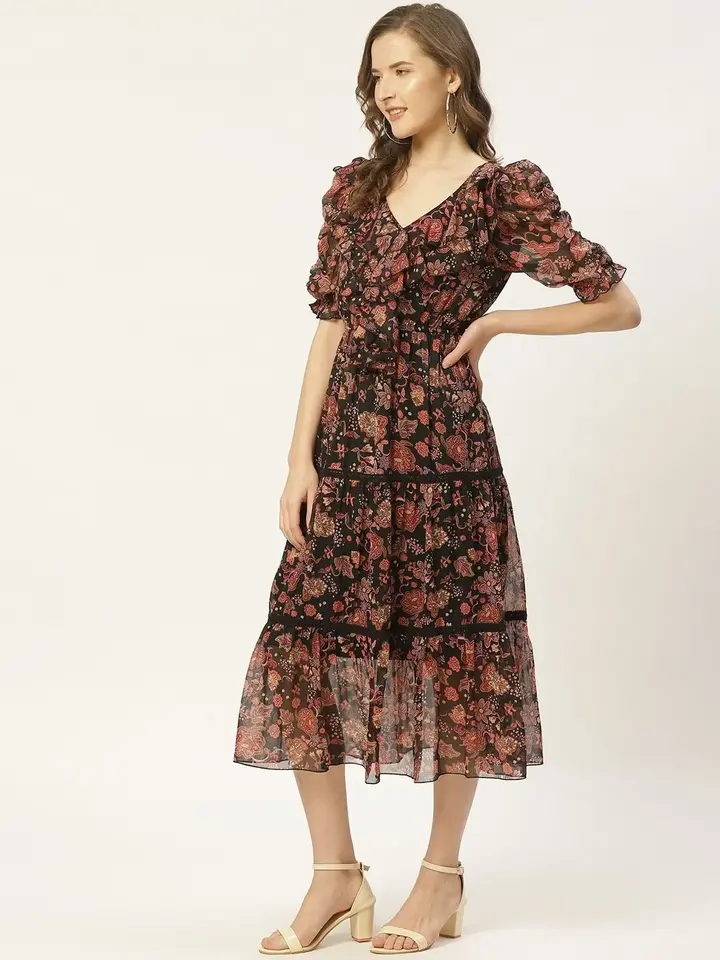 Black Floral Midi Dresses